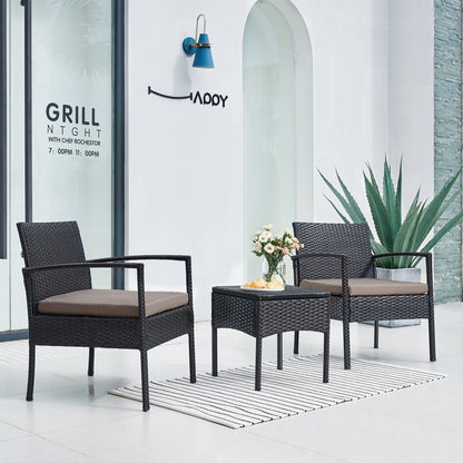 Set di mobili da esterno per patio, 3 pezzi, set di sedie da conversazione in rattan con tavolino laterale e cuscini