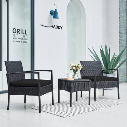 Set di mobili da esterno per patio, 3 pezzi, set di sedie da conversazione in rattan con tavolino laterale e cuscini