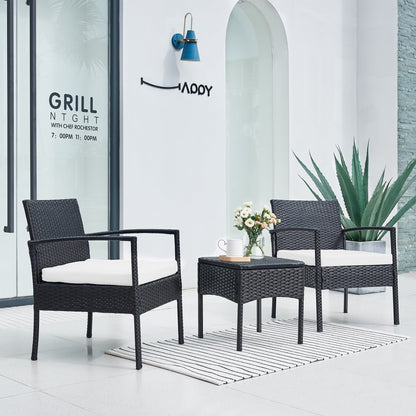 Set di mobili da esterno per patio, 3 pezzi, set di sedie da conversazione in rattan con tavolino laterale e cuscini