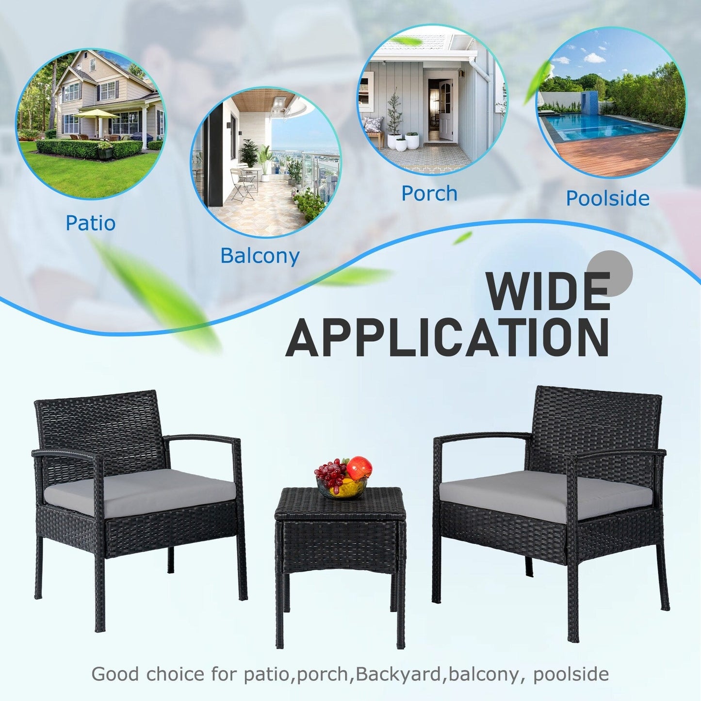 Set di mobili da esterno per patio, 3 pezzi, set di sedie da conversazione in rattan con tavolino laterale e cuscini