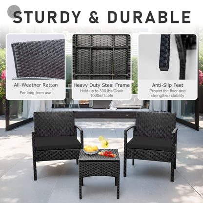 Set di mobili da esterno per patio, 3 pezzi, set di sedie da conversazione in rattan con tavolino laterale e cuscini