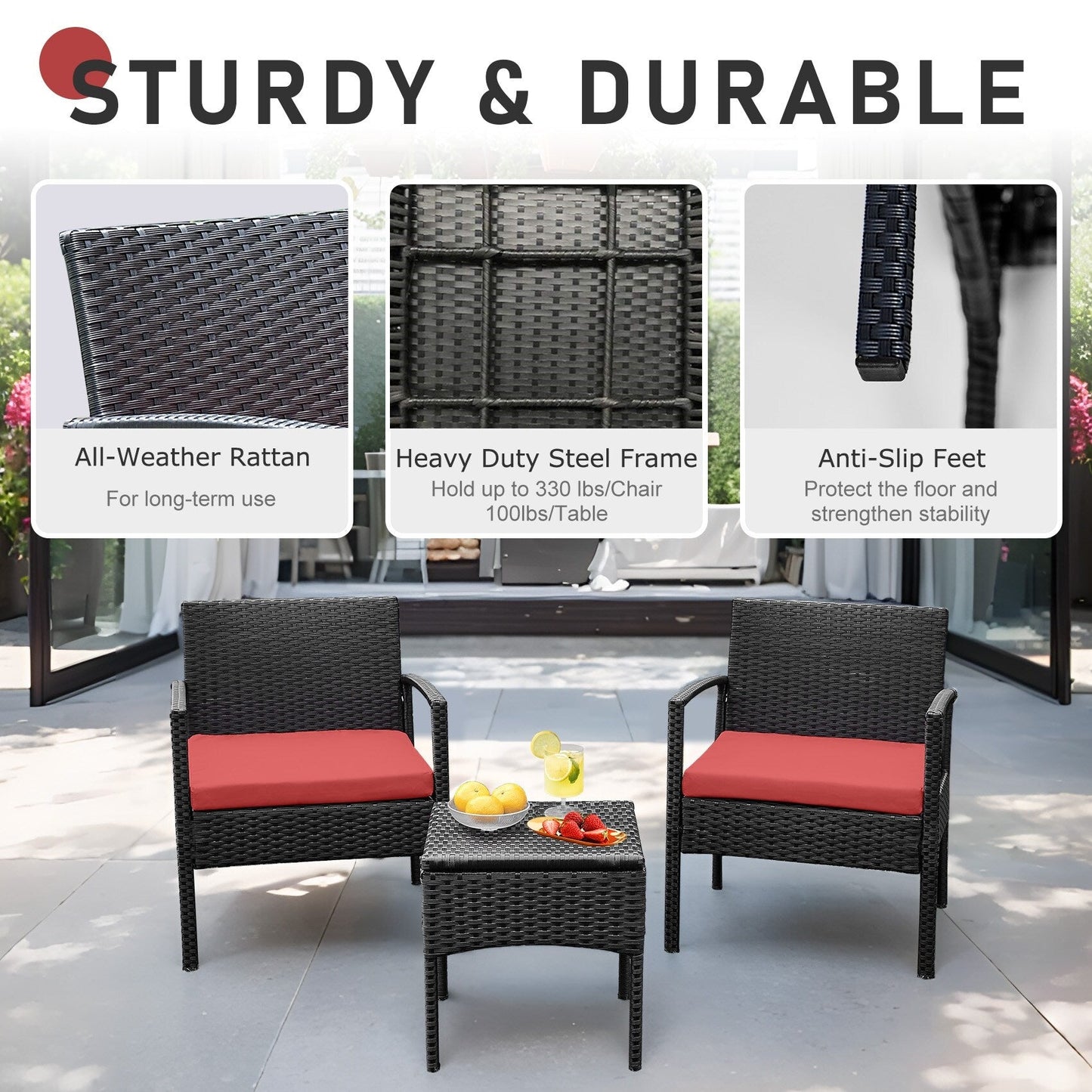 Set di mobili da esterno per patio, 3 pezzi, set di sedie da conversazione in rattan con tavolino laterale e cuscini