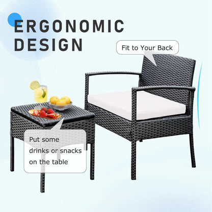 Set di mobili da esterno per patio, 3 pezzi, set di sedie da conversazione in rattan con tavolino laterale e cuscini