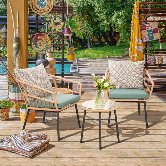 Set da bistrot in vimini per esterni, 3 pezzi, con cuscini