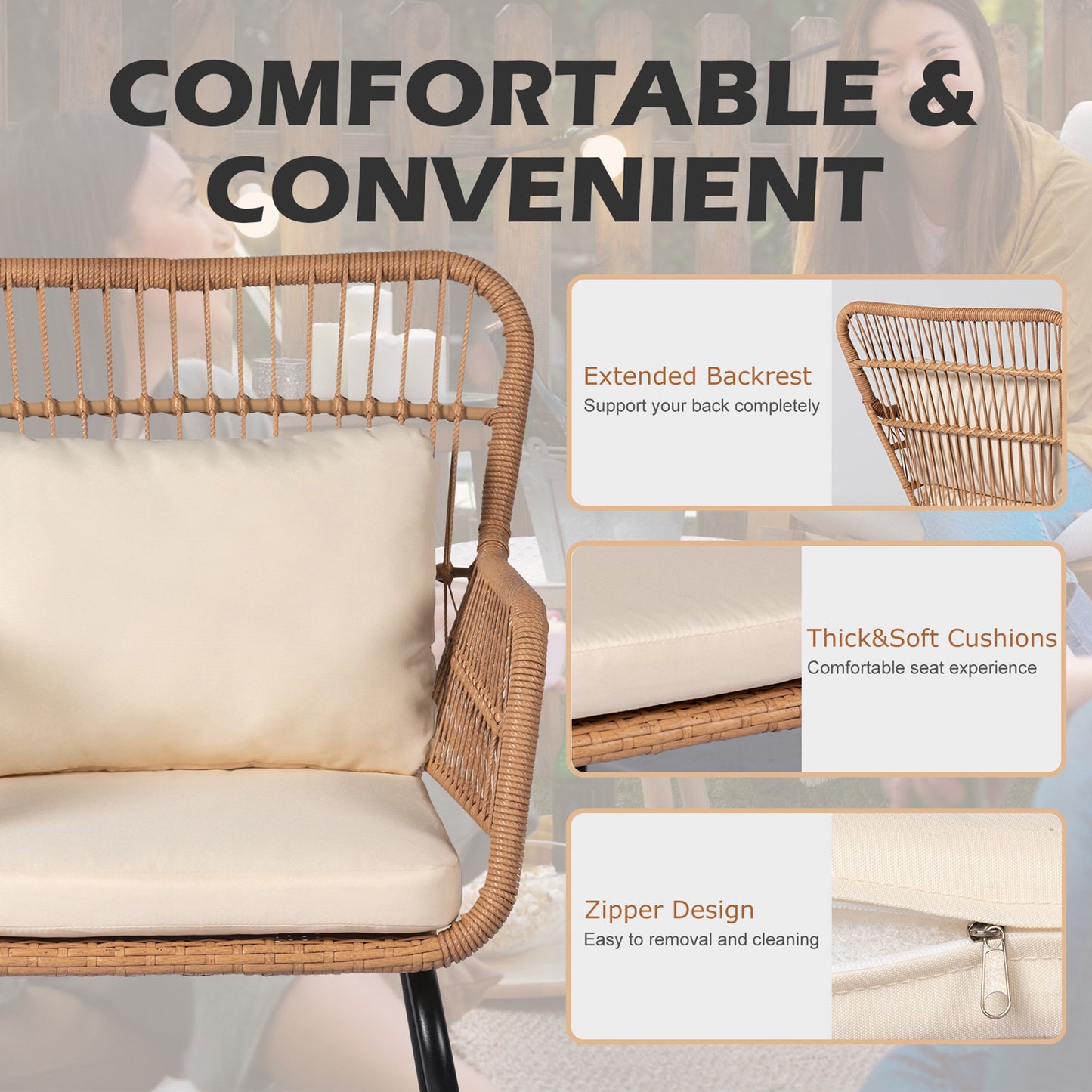 Set da bistrot da conversazione in vimini da esterno, 3 pezzi, set di sedie da giardino in rattan per tutte le stagioni con cuscini