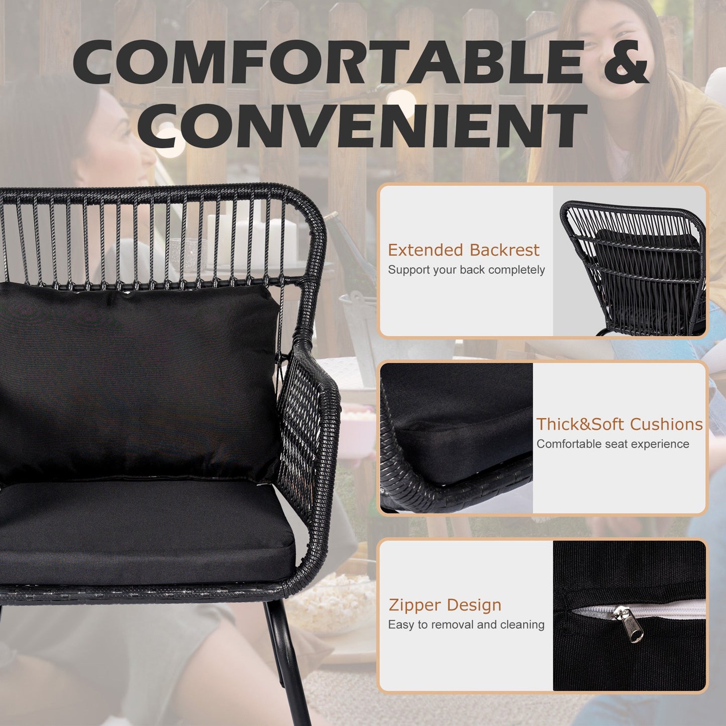 Set da bistrot da conversazione in vimini da esterno, 3 pezzi, set di sedie da giardino in rattan per tutte le stagioni con cuscini