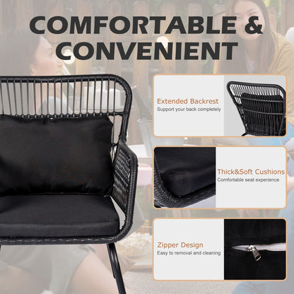 Set da bistrot da conversazione in vimini da esterno, 3 pezzi, set di sedie da giardino in rattan per tutte le stagioni con cuscini