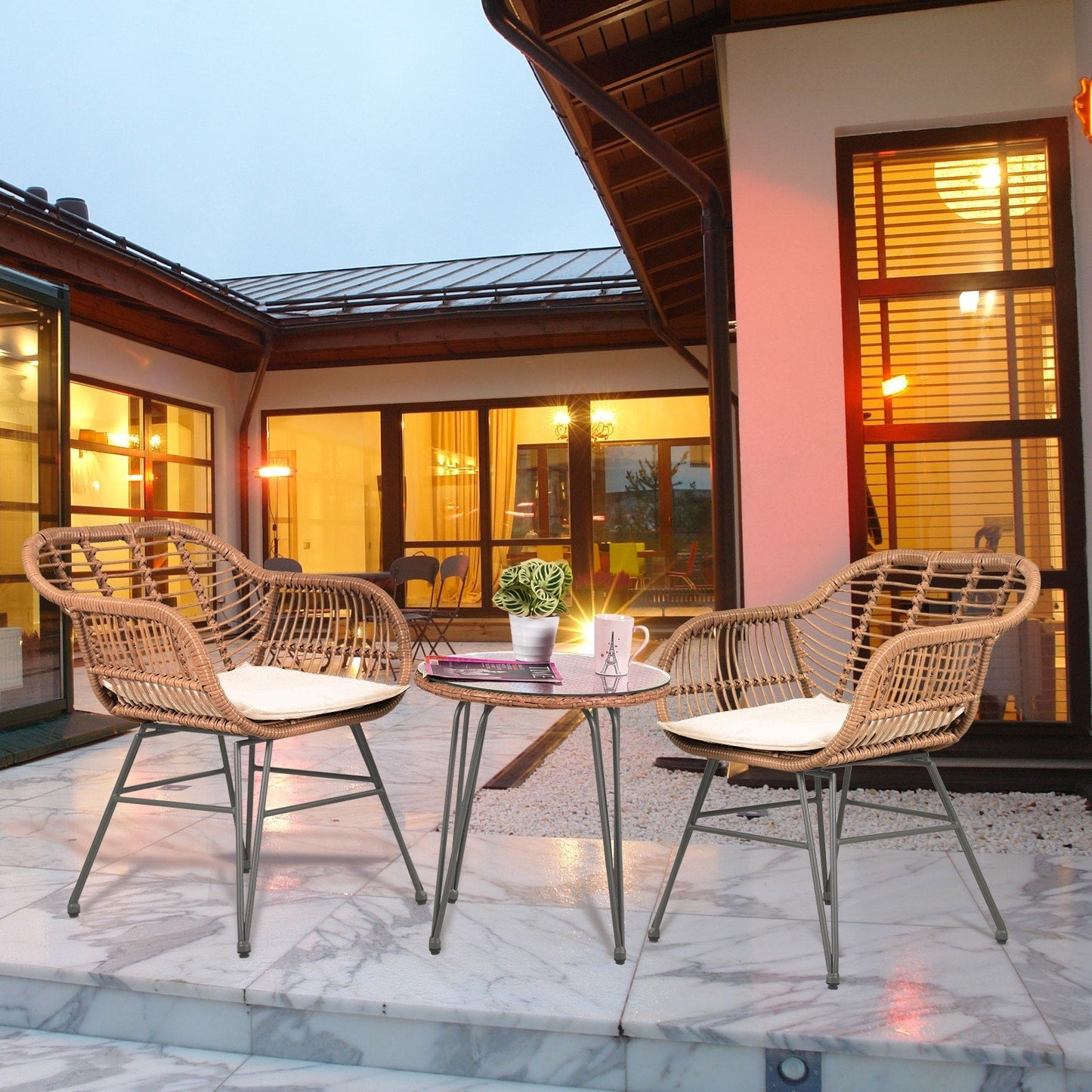 Set da 3 pezzi per mobili da esterno in vimini, da patio, da bistrot, con cuscini, per veranda, piscina, giardino - 21,2 L x 23,6 W x 31,5 H