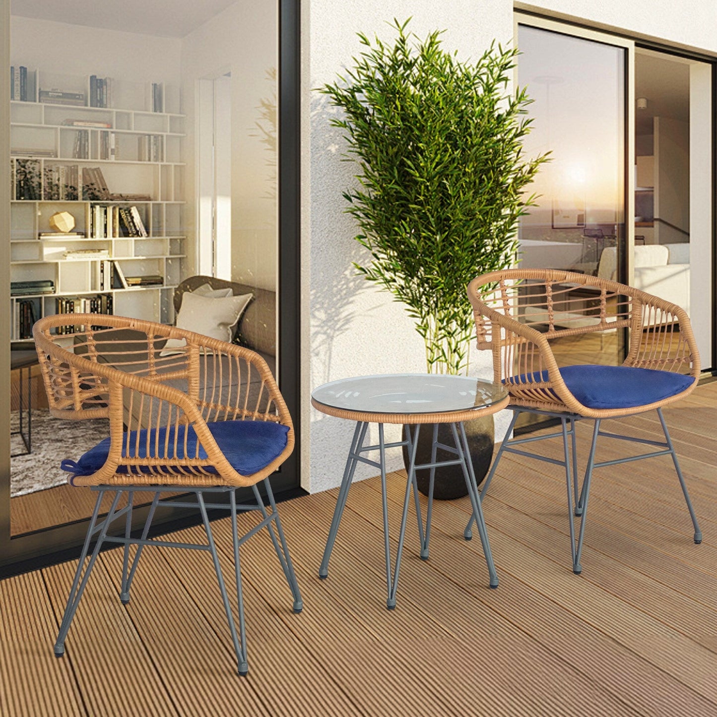 Set da 3 pezzi per mobili da esterno in vimini, da patio, da bistrot, con cuscini, per veranda, piscina, giardino - 21,2 L x 23,6 W x 31,5 H