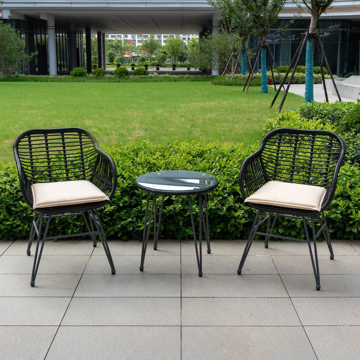 Set da 3 pezzi per mobili da esterno in vimini, da patio, da bistrot, con cuscini, per veranda, piscina, giardino - 21,2 L x 23,6 W x 31,5 H