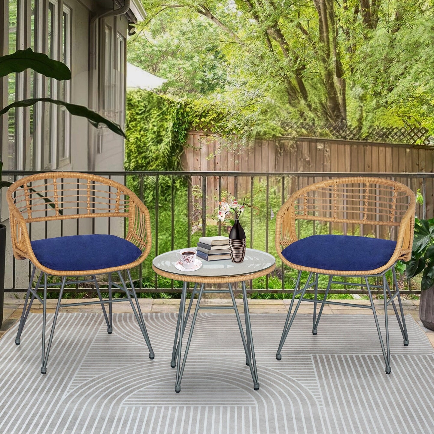 Set da 3 pezzi per mobili da esterno in vimini, da patio, da bistrot, con cuscini, per veranda, piscina, giardino - 21,2 L x 23,6 W x 31,5 H