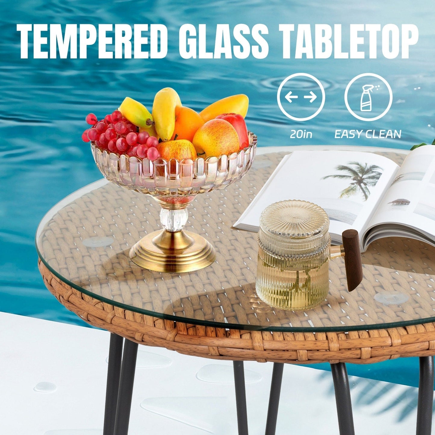 Set da 3 pezzi per mobili da esterno in vimini, da patio, da bistrot, con cuscini, per veranda, piscina, giardino - 21,2 L x 23,6 W x 31,5 H