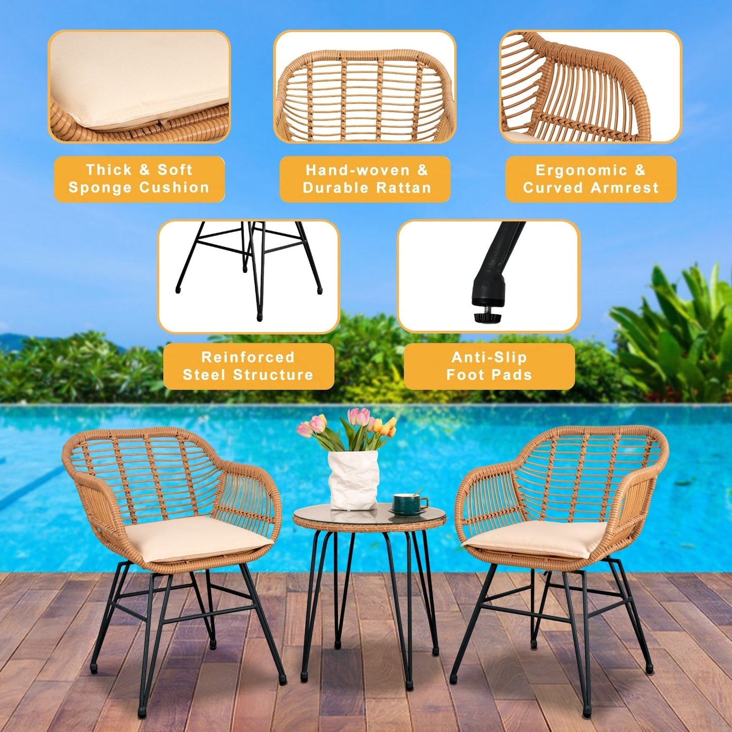Set da 3 pezzi per mobili da esterno in vimini, da patio, da bistrot, con cuscini, per veranda, piscina, giardino - 21,2 L x 23,6 W x 31,5 H