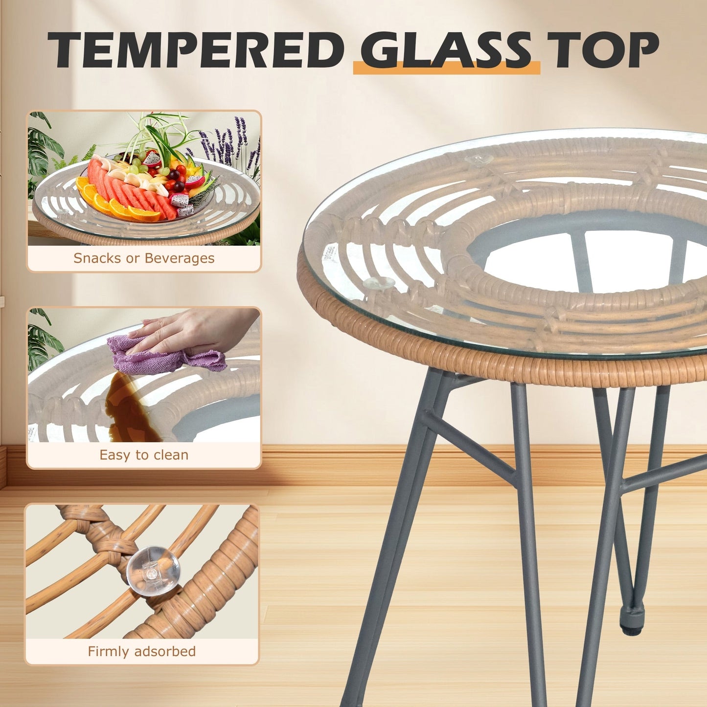 Set da 3 pezzi per mobili da esterno in vimini, da patio, da bistrot, con cuscini, per veranda, piscina, giardino - 21,2 L x 23,6 W x 31,5 H