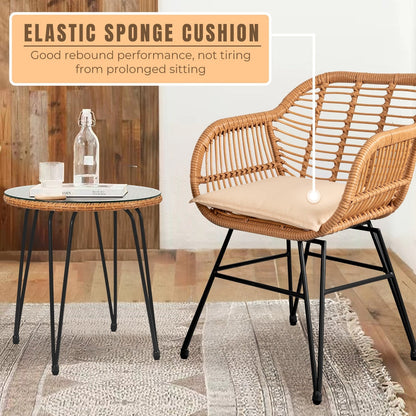 Set da 3 pezzi per mobili da esterno in vimini, da patio, da bistrot, con cuscini, per veranda, piscina, giardino - 21,2 L x 23,6 W x 31,5 H