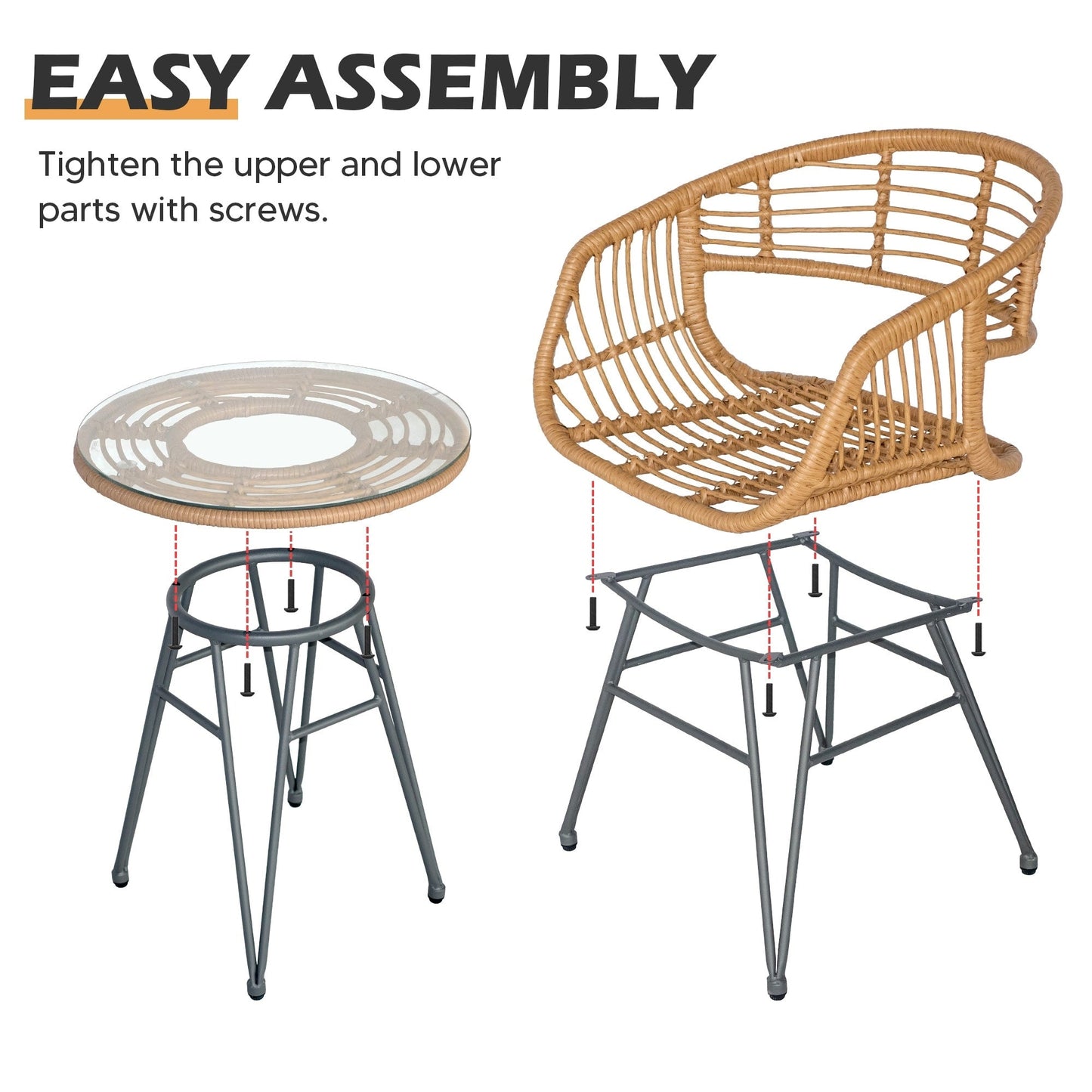 Set da 3 pezzi per mobili da esterno in vimini, da patio, da bistrot, con cuscini, per veranda, piscina, giardino - 21,2 L x 23,6 W x 31,5 H