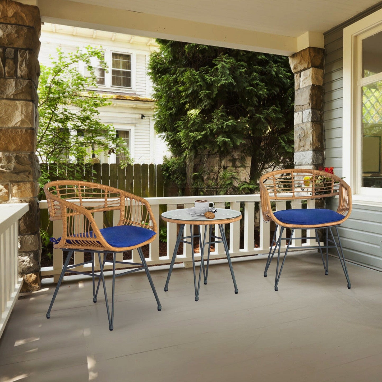 Set da 3 pezzi per mobili da esterno in vimini, da patio, da bistrot, con cuscini, per veranda, piscina, giardino - 21,2 L x 23,6 W x 31,5 H