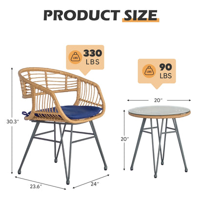 Set da 3 pezzi per mobili da esterno in vimini, da patio, da bistrot, con cuscini, per veranda, piscina, giardino - 21,2 L x 23,6 W x 31,5 H