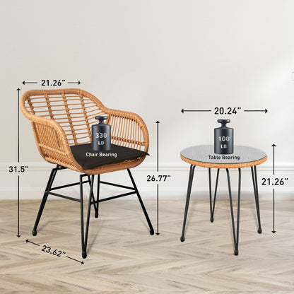 Set da 3 pezzi per mobili da esterno in vimini, da patio, da bistrot, con cuscini, per veranda, piscina, giardino - 21,2 L x 23,6 W x 31,5 H