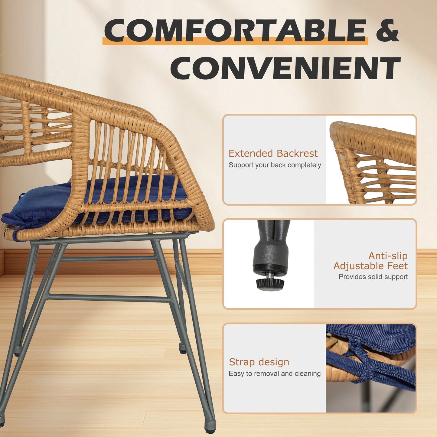 Set da 3 pezzi per mobili da esterno in vimini, da patio, da bistrot, con cuscini, per veranda, piscina, giardino - 21,2 L x 23,6 W x 31,5 H