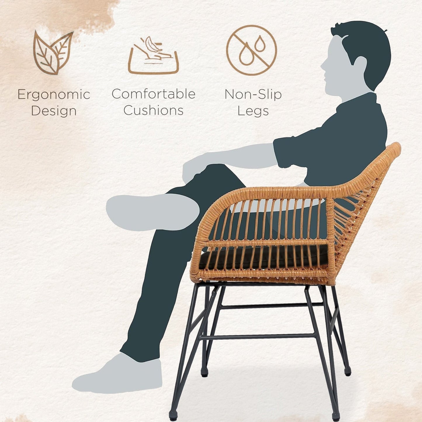 Set da 3 pezzi per mobili da esterno in vimini, da patio, da bistrot, con cuscini, per veranda, piscina, giardino - 21,2 L x 23,6 W x 31,5 H