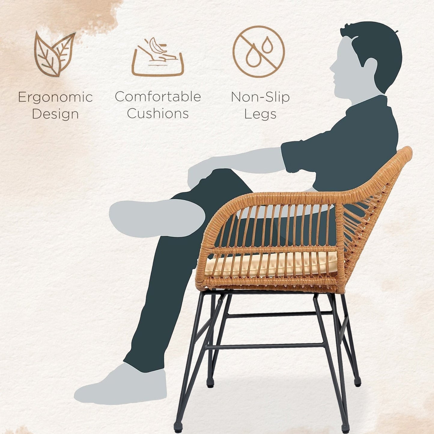 Set da 3 pezzi per mobili da esterno in vimini, da patio, da bistrot, con cuscini, per veranda, piscina, giardino - 21,2 L x 23,6 W x 31,5 H