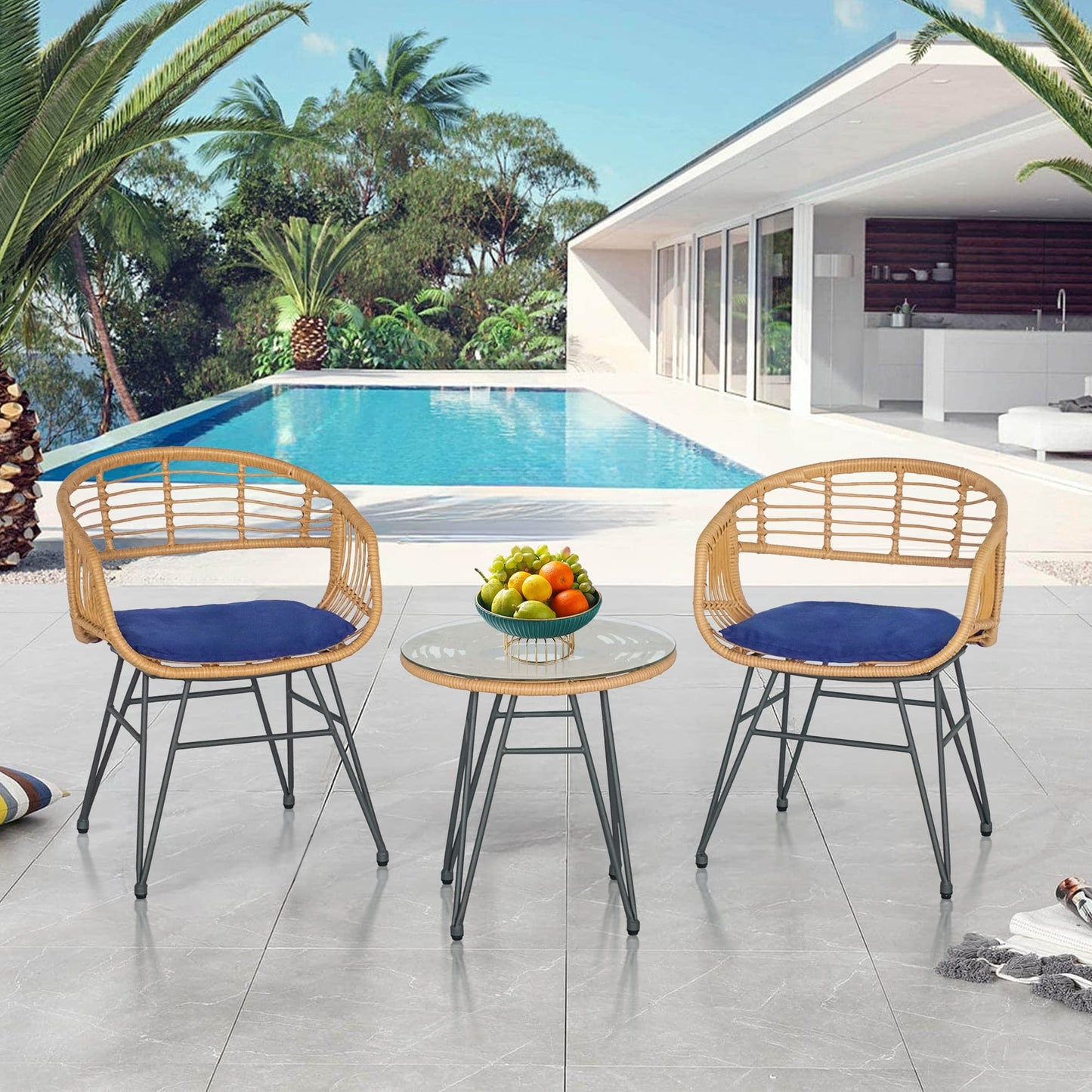 Set da 3 pezzi per mobili da esterno in vimini, da patio, da bistrot, con cuscini, per veranda, piscina, giardino - 21,2 L x 23,6 W x 31,5 H