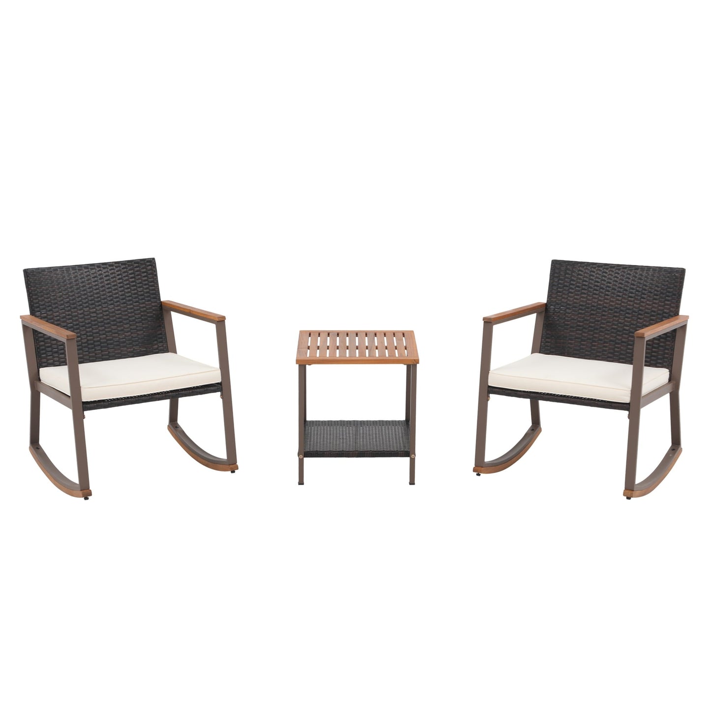 Set di 3 sedie a dondolo in vimini per esterni con cuscini