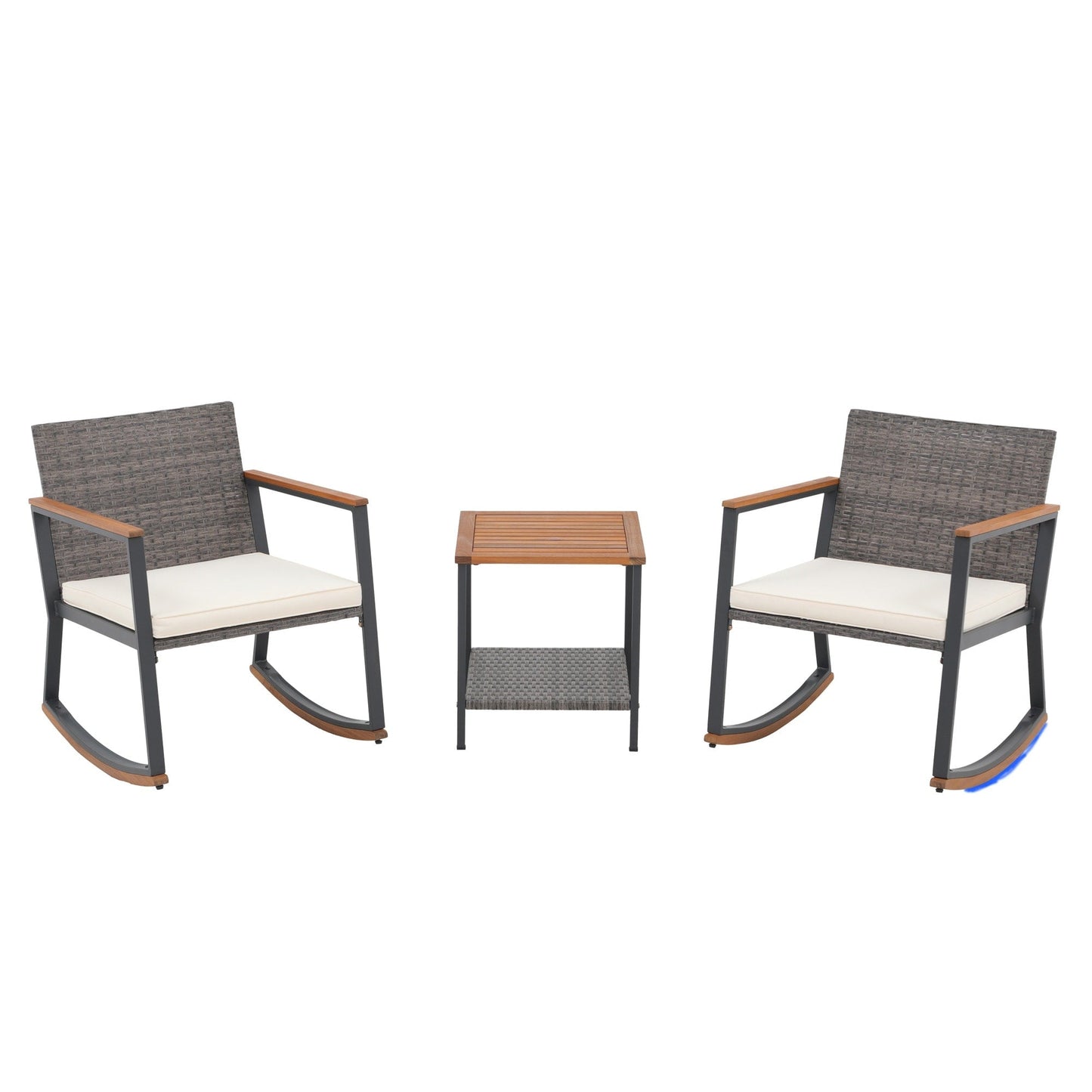 Set di 3 sedie a dondolo in vimini per esterni con cuscini