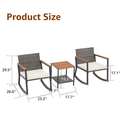 Set di 3 sedie a dondolo in vimini per esterni con cuscini