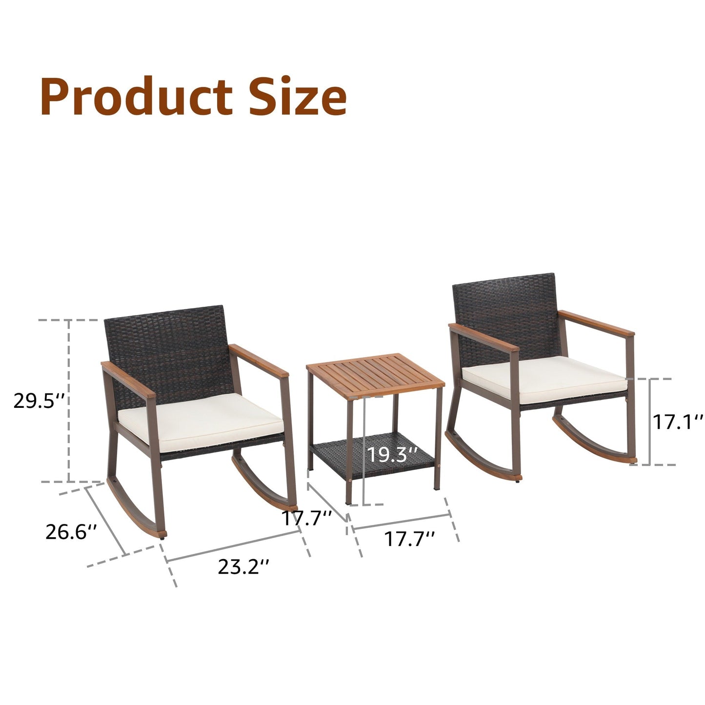 Set di 3 sedie a dondolo in vimini per esterni con cuscini