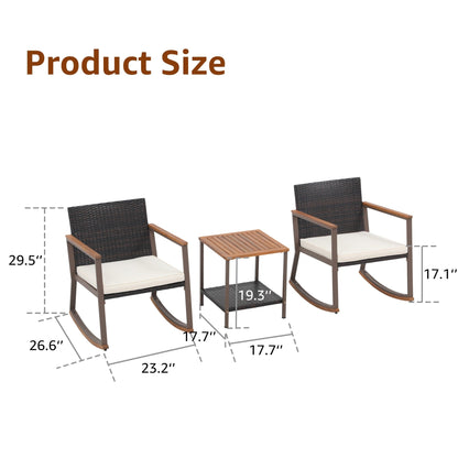 Set di 3 sedie a dondolo in vimini per esterni con cuscini