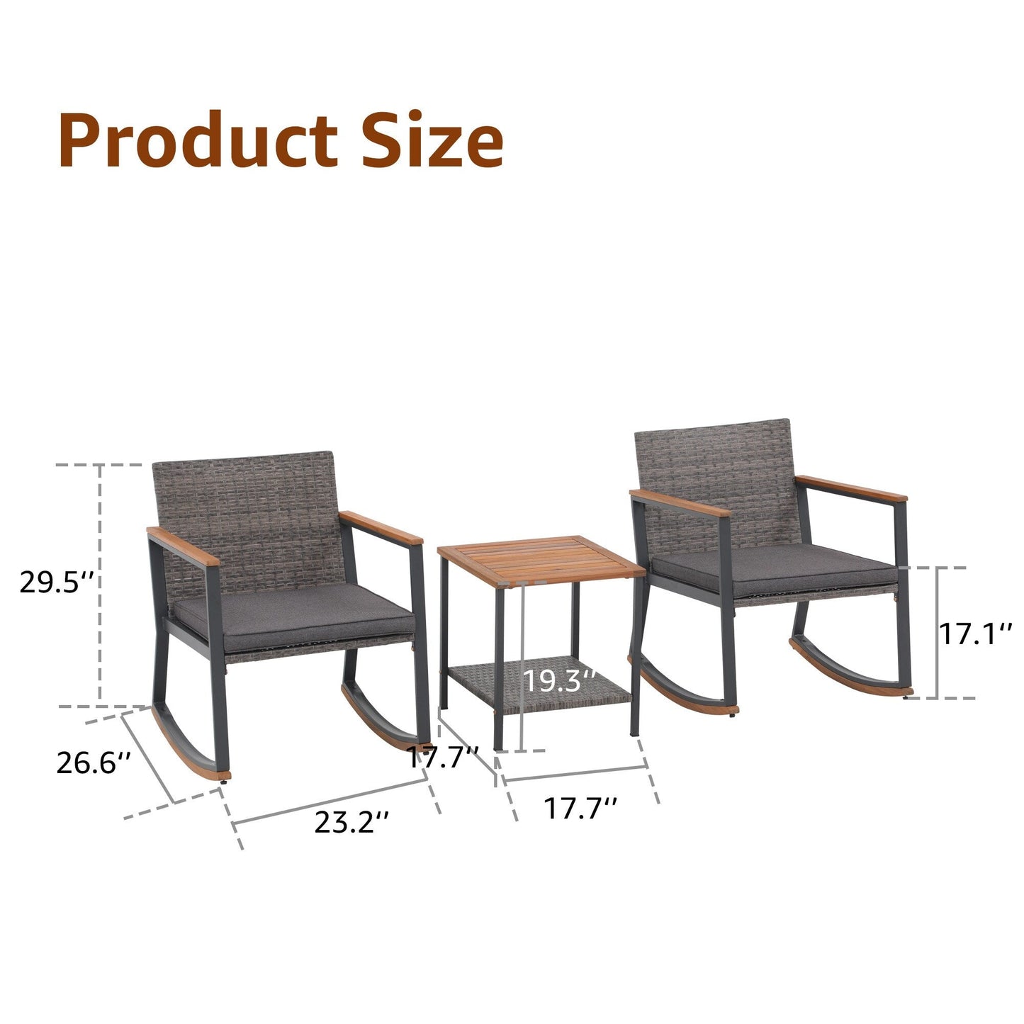 Set di 3 sedie a dondolo in vimini per esterni con cuscini