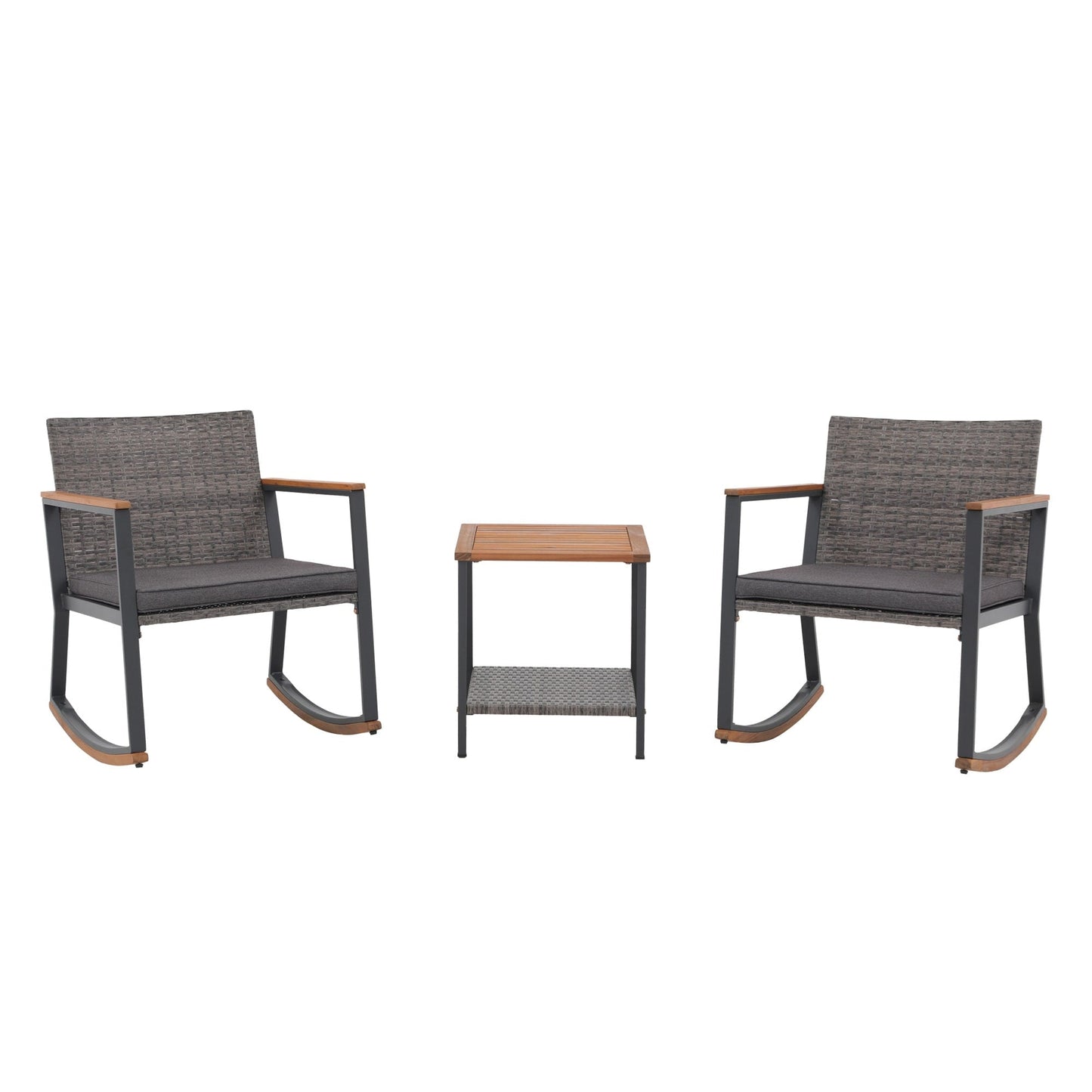 Set di 3 sedie a dondolo in vimini per esterni con cuscini