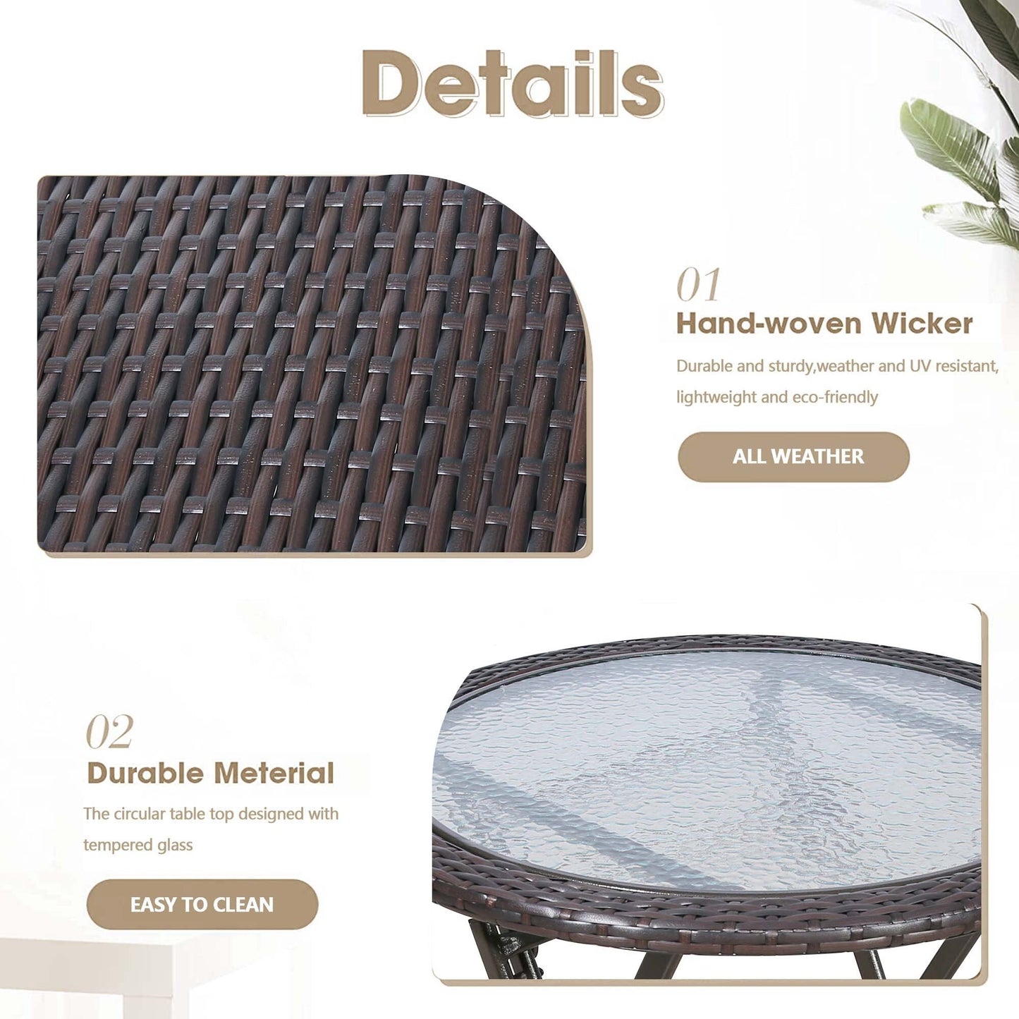 Set da esterno in vimini da 3 pezzi con sedie da pranzo e tavolo da giardino pieghevole