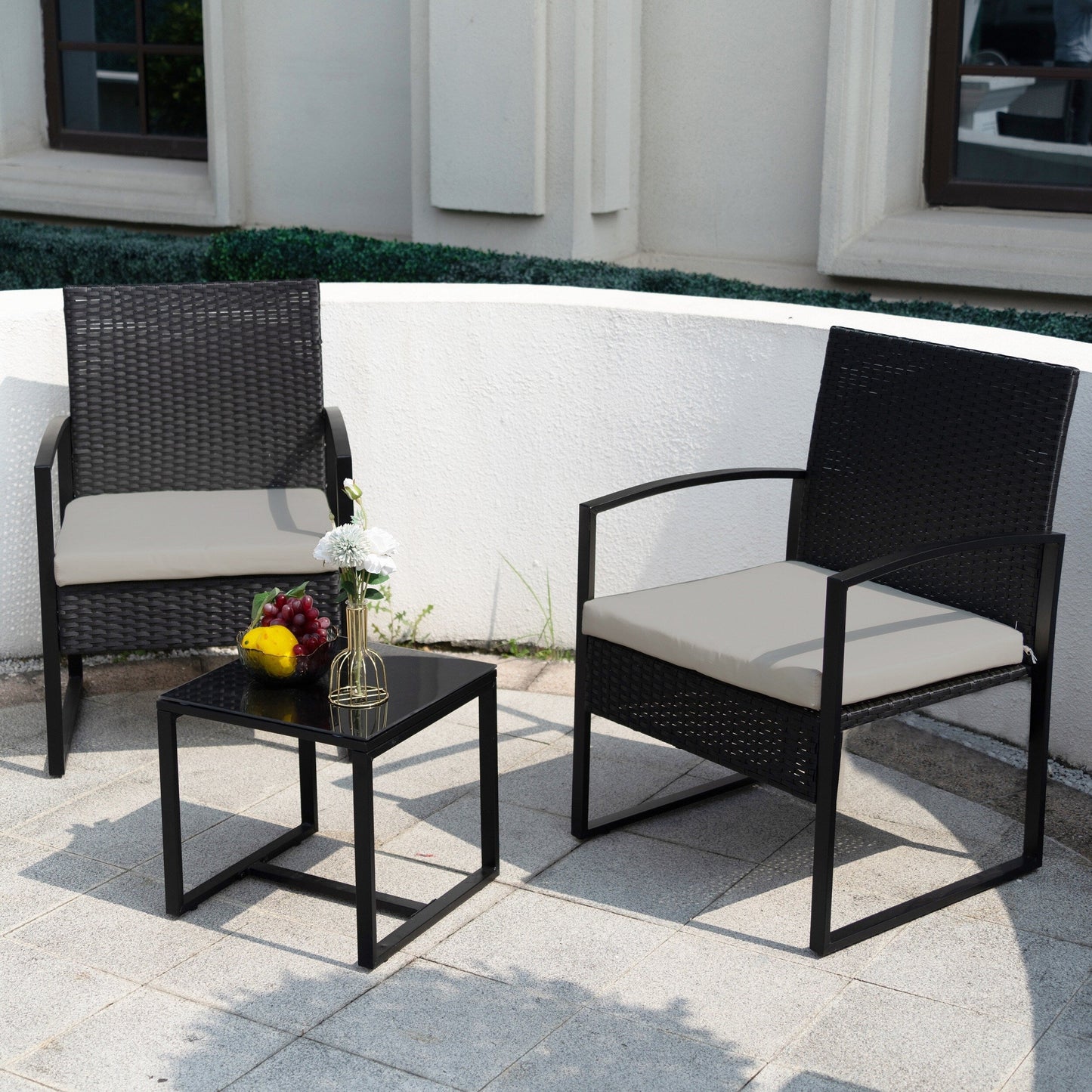 Set da bistrot da giardino, 3 pezzi, set di mobili da esterno con tavolo in vetro, set da conversazione in rattan per veranda, giardino, balcone