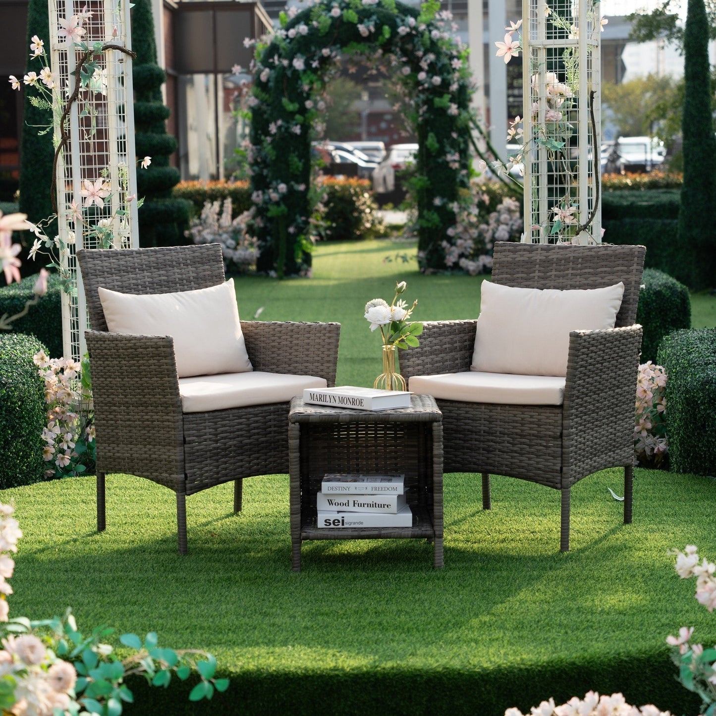 Set da bistrot per conversazione da esterno, 3 pezzi, mobili da esterno, sedie in vimini e tavolo riponibile, set di mobili da balcone per veranda