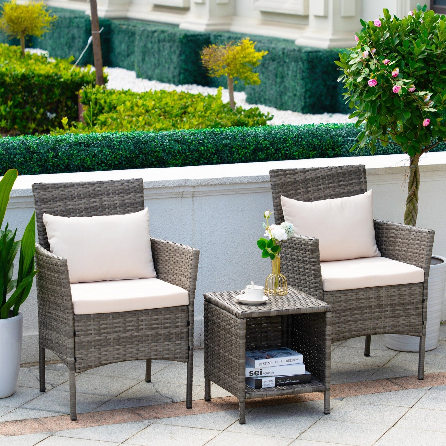 Set da bistrot per conversazione da esterno, 3 pezzi, mobili da esterno, sedie in vimini e tavolo riponibile, set di mobili da balcone per veranda