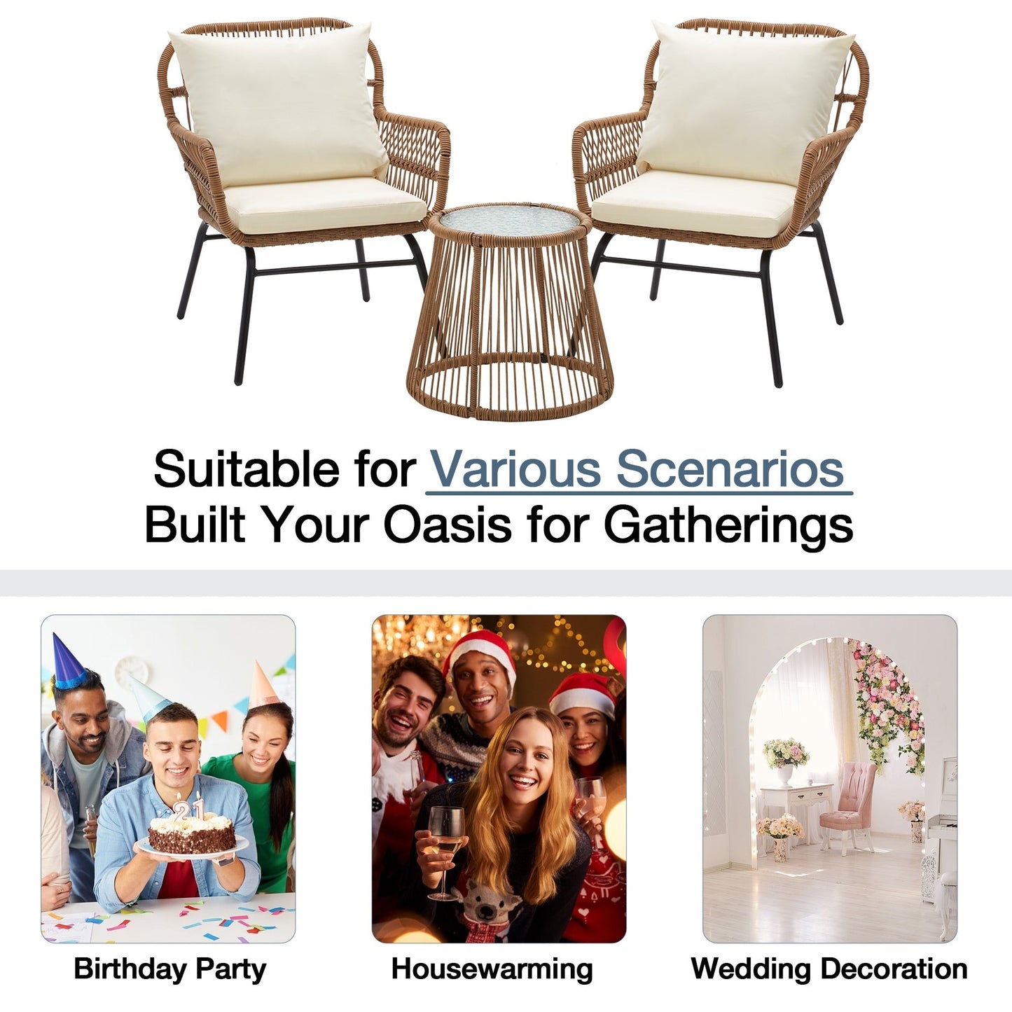 Set da bistrot da conversazione per patio da 3 pezzi, set di mobili da esterno in rattan con tavolo in vetro e 2 poltrone larghe, cuscini per seduta