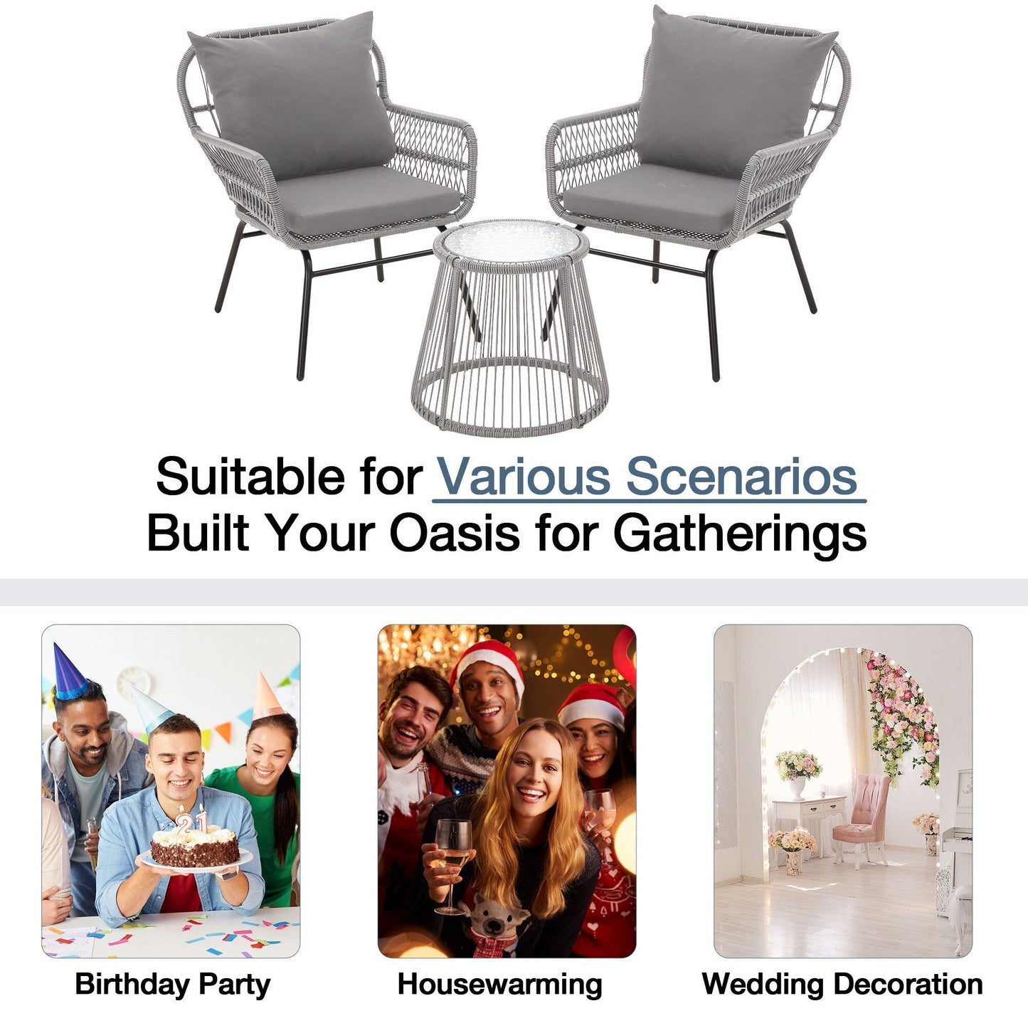 Set da bistrot da conversazione per patio da 3 pezzi, set di mobili da esterno in rattan con tavolo in vetro e 2 poltrone larghe, cuscini per seduta