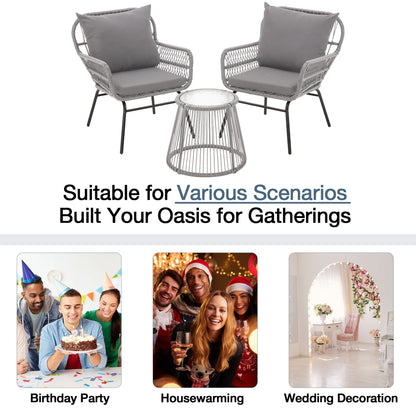 Set da bistrot da conversazione per patio da 3 pezzi, set di mobili da esterno in rattan con tavolo in vetro e 2 poltrone larghe, cuscini per seduta