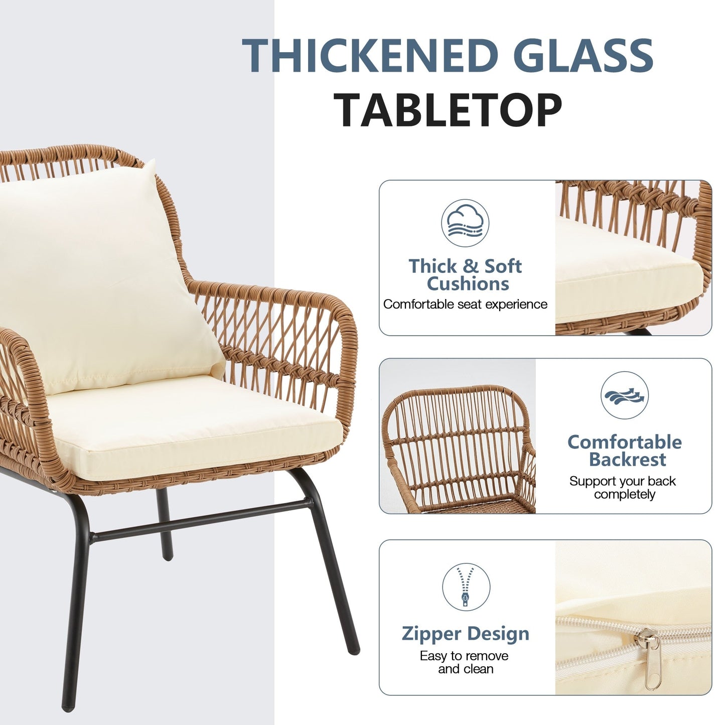 Set da bistrot da conversazione per patio da 3 pezzi, set di mobili da esterno in rattan con tavolo in vetro e 2 poltrone larghe, cuscini per seduta