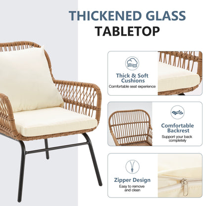 Set da bistrot da conversazione per patio da 3 pezzi, set di mobili da esterno in rattan con tavolo in vetro e 2 poltrone larghe, cuscini per seduta