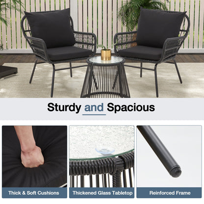 Set da bistrot da conversazione per patio da 3 pezzi, set di mobili da esterno in rattan con tavolo in vetro e 2 poltrone larghe, cuscini per seduta