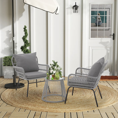 Set da bistrot da conversazione per patio da 3 pezzi, set di mobili da esterno in rattan con tavolo in vetro e 2 poltrone larghe, cuscini per seduta