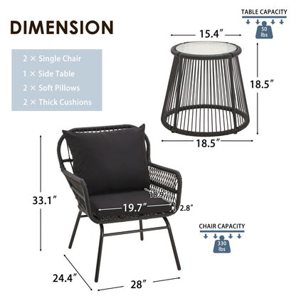 Set da bistrot da conversazione per patio da 3 pezzi, set di mobili da esterno in rattan con tavolo in vetro e 2 poltrone larghe, cuscini per seduta