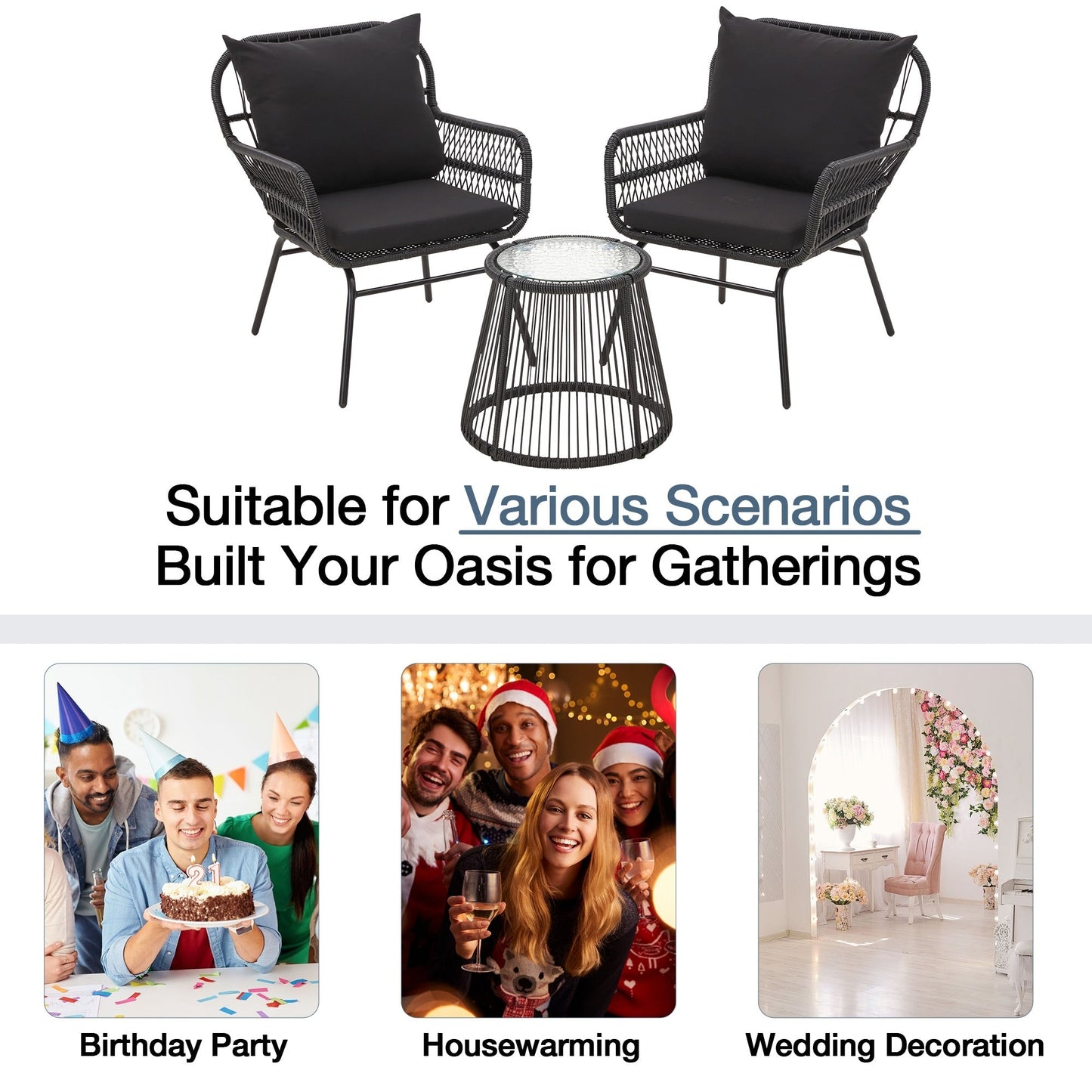 Set da bistrot da conversazione per patio da 3 pezzi, set di mobili da esterno in rattan con tavolo in vetro e 2 poltrone larghe, cuscini per seduta