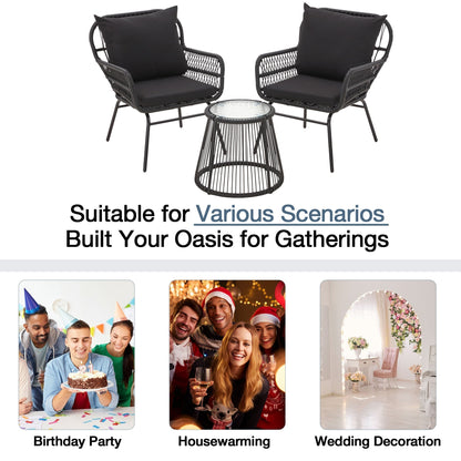 Set da bistrot da conversazione per patio da 3 pezzi, set di mobili da esterno in rattan con tavolo in vetro e 2 poltrone larghe, cuscini per seduta