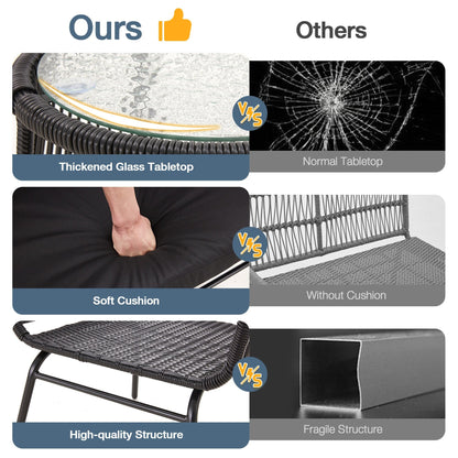 Set da bistrot da conversazione per patio da 3 pezzi, set di mobili da esterno in rattan con tavolo in vetro e 2 poltrone larghe, cuscini per seduta