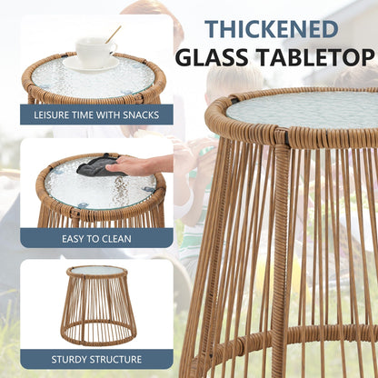 Set da bistrot da conversazione per patio da 3 pezzi, set di mobili da esterno in rattan con tavolo in vetro e 2 poltrone larghe, cuscini per seduta